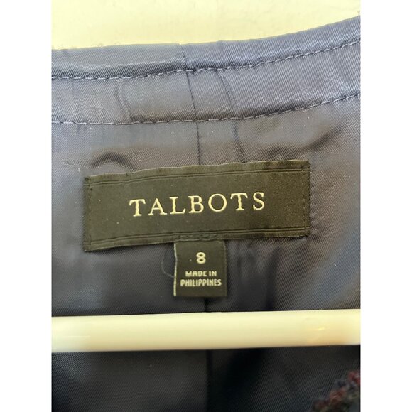 Talbots Boucle Tweed Jacket Blazer Hook Closure Wool Blend Navy Wine Trim Size 8 - Picture 4 of 9